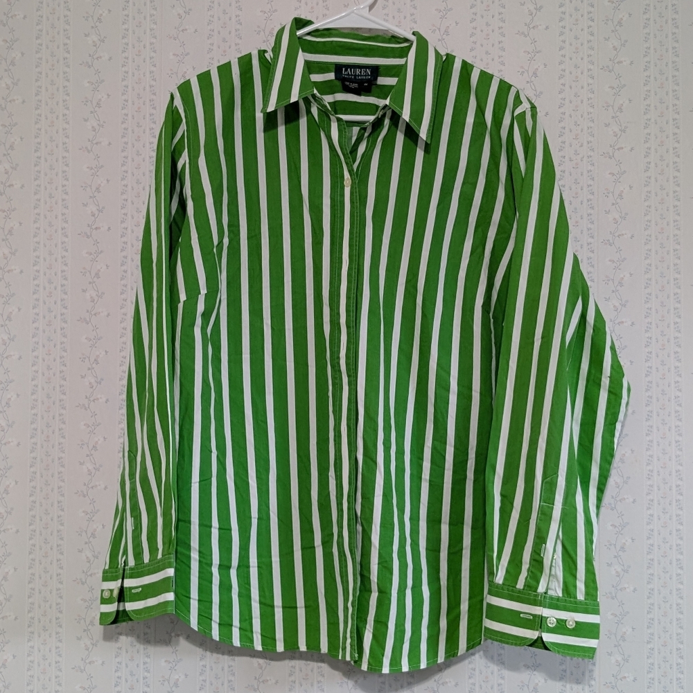 Lauren Ralph Lauren Green and White Striped Button Down Shirt